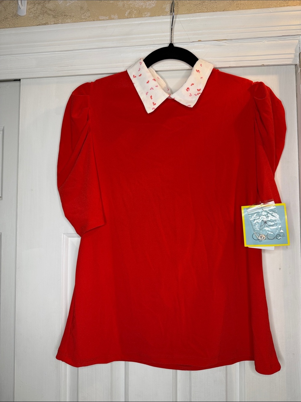 CeCe Red Top with White Embroidered Collar